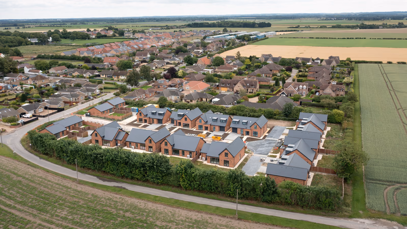 Aerial view of a Roman Way surrounded by farmland.